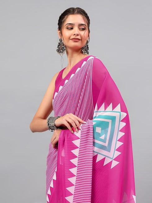 Vasthrlay Pink Floral| Solid| Striped Design Georgette Saree With Unstitched Blouse Piece