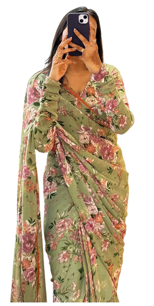 Vasthrlay Pink Georgette Unstitched Saree