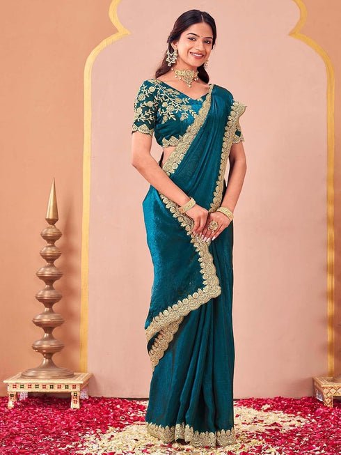 Vasthrlay Sequins Embroidery Peacock Blue Saree With Unstitched Blouse Piece