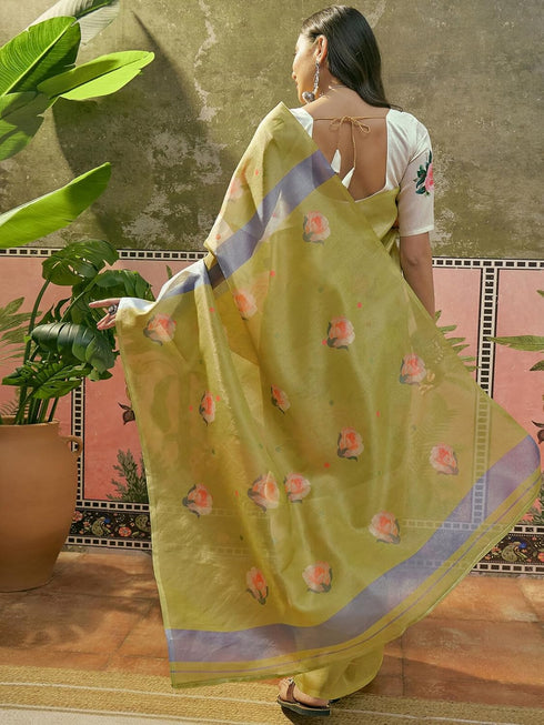Vasthrlay Shimmer Printed Unstitched Lime Green Saree