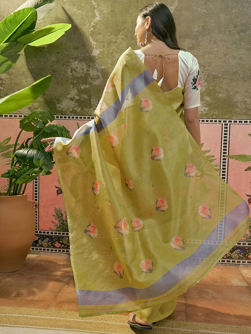 Vasthrlay Shimmer Printed Light Green Saree With Off-White Unstitched Blouse Piece