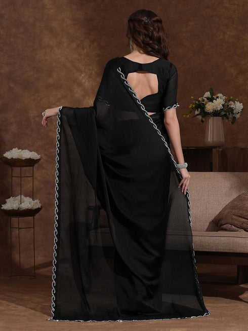 Vasthrlay Chiffon Scalloped Unstitched Black Saree