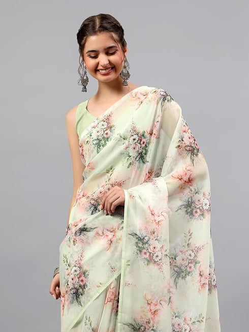 Vasthrlay Green1 Sheer Floral Printed Art Chiffon Saree With Unstitched Blouse