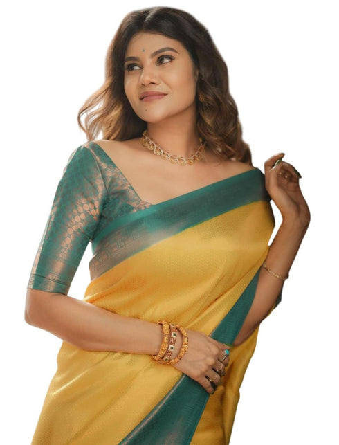 Vasthrlay Mustard Yellow Jacquard Traditional Unstitched Saree