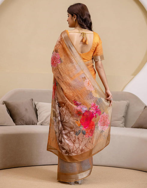 Vasthrlay Womens Printed Orange Saree With Unstitched Blouse Piece