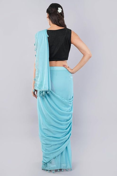 Vasthrlay Blue Plain Cotton Saree With Pocket And Unstitched Blouse Piece