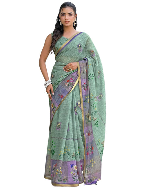 Vasthrlay Womens Printed Unstitched Light Green Saree