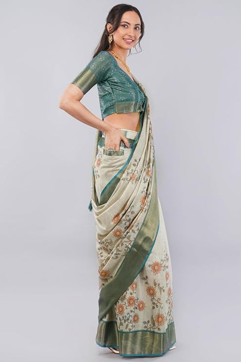 Vasthrlay Off White Striped | Floral | Solid Print Design Linen Saree