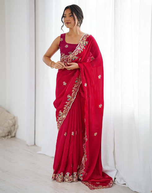 Vasthrlay Scalloped Embroidery Red Saree With Red Unstitched Blouse Piece