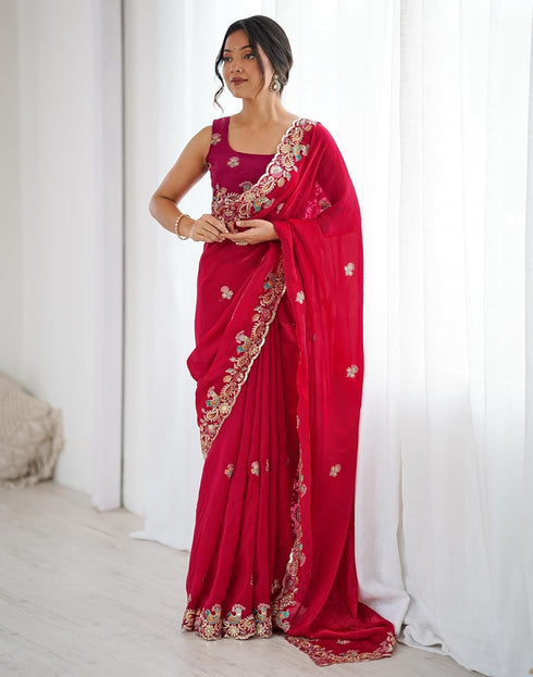 Vasthrlay Scalloped Embroidery Unstitched Red Saree