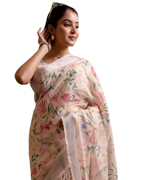 Vasthrlay Womens Printed Unstitched Cream Saree