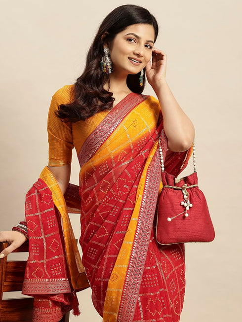 Vasthrlay Chiffon Bandhani Printed Yellow Saree