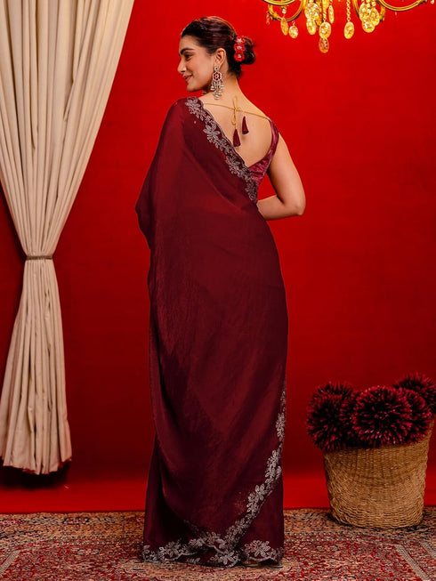 Vasthrlay Shimmer Scalloped Unstitched Maroon Saree