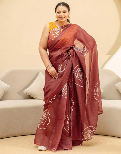 Vasthrlay Chanderi Printed Brown Saree With Unstitched Blouse Piece