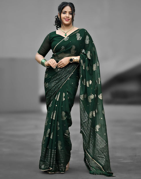 Vasthrlay Georgette Printed Green Saree With Unstitched Blouse Piece