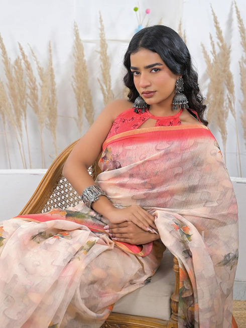 Vasthrlay Bandhani Embroidery Unstitched White Saree