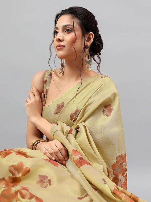 Vasthrlay Beige Floral And Solid Design Polyester Saree With Unstitched Blouse Piece