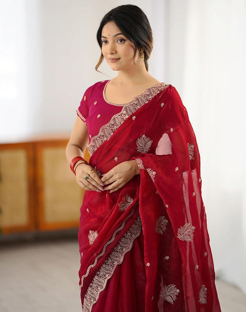 Vasthrlay Scalloped Embroidery Unstitched Lime Green Saree