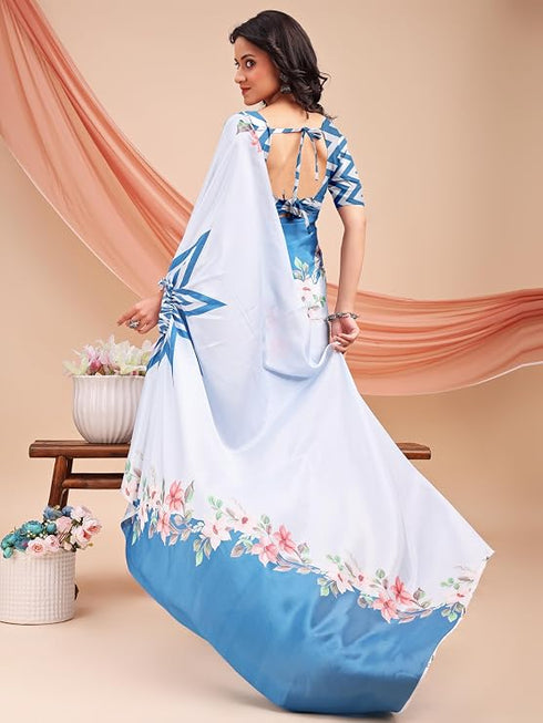 Vasthrlay Printed Kaftan Freehand SkyBlue-White Bollywood Satin Saree with Unsticted Blouse Piece