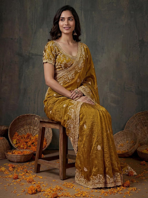Vasthrlay Scalloped Embroidery Unstitched Dark Green Saree