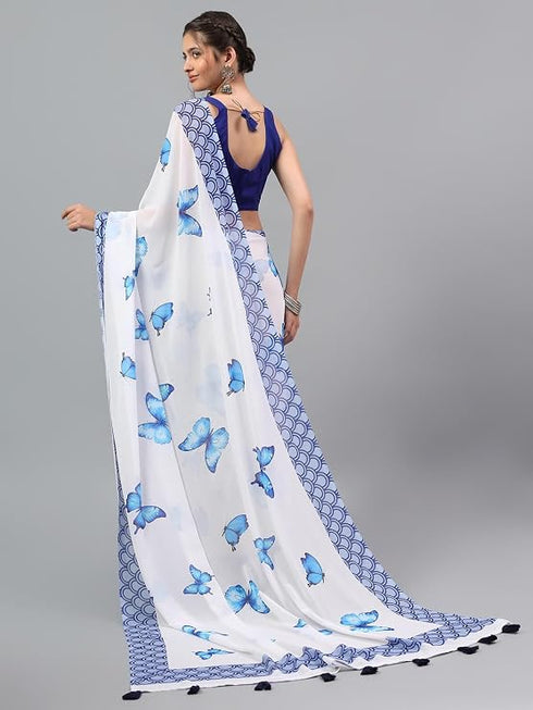 Vasthrlay White1 Floral| Solid| Striped Design Georgette Saree With Unstitched Blouse Piece