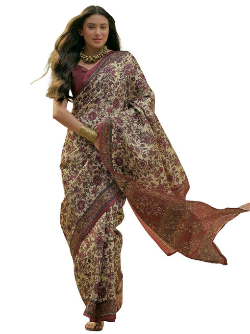 Vasthrlay Womens Printed Unstitched Beige Saree