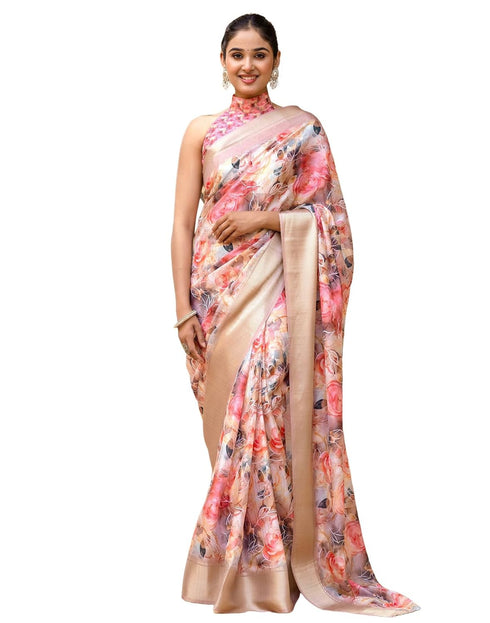 Vasthrlay Womens Printed Unstitched Beige Saree
