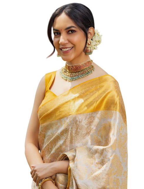 Vasthrlay Mustard Yellow Jacquard Traditional Unstitched Saree