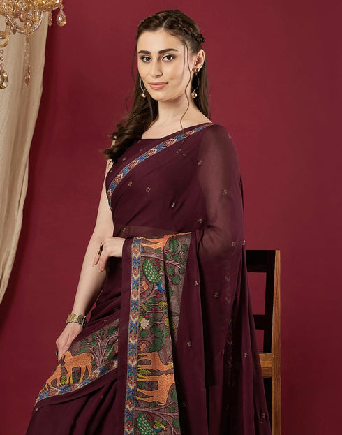 Vasthrlay Georgette Printed Blue Saree With Green Unstitched Blouse Piece