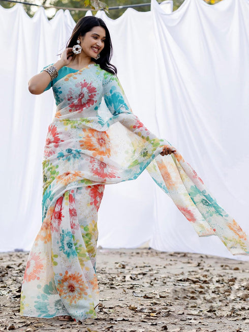 Vasthrlay Womens Printed Unstitched Off White Saree