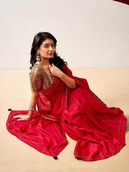 Vasthrlay Embroidery Peach Saree