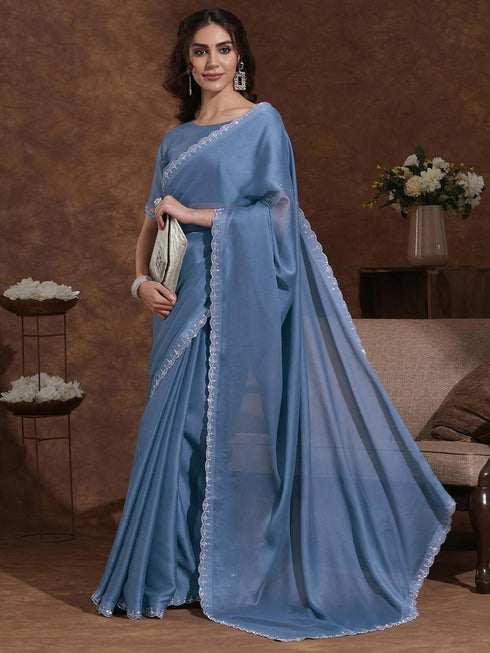 Vasthrlay Chiffon Scalloped Brown Saree