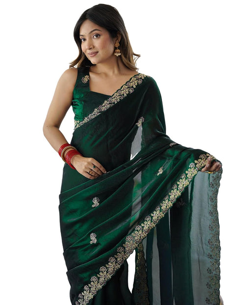 Vasthrlay Scalloped Embroidery Unstitched Rani Pink Saree