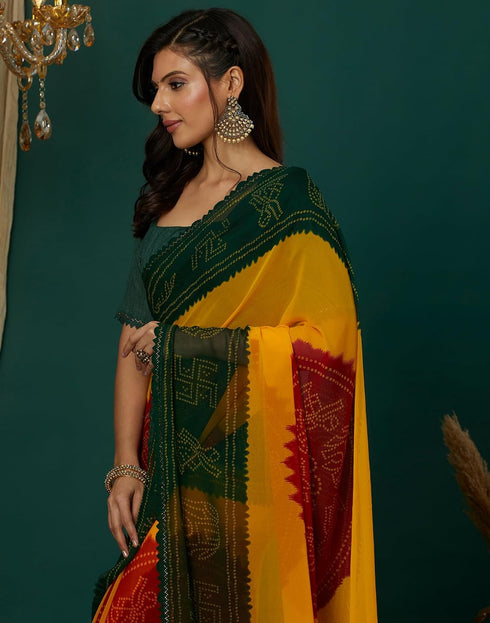 Vasthrlay Georgette Bandhani Unstitched Maroon Saree