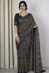 Vasthrlay Ajrakh Print Saree with Paisley Pattern Navy Blue Color | Cotton Blend, Traditional Woven Border