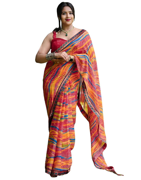 Vasthrlay Chiffon Printed Unstitched Pink Saree