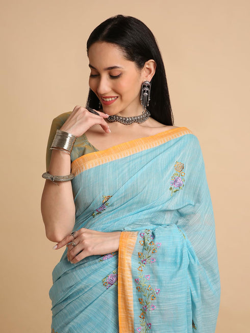 Vasthrlay Handloom Embroidered Apricot Saree