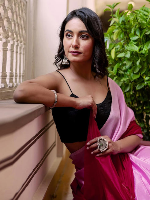 Vasthrlay Chinnon Padding Unstitched Rani Pink Saree