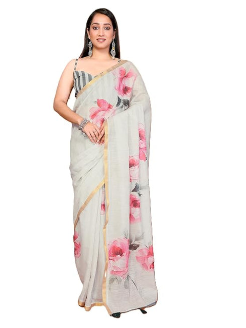 Vasthrlay Off White1 Womens Linen Ready To Wear Saree