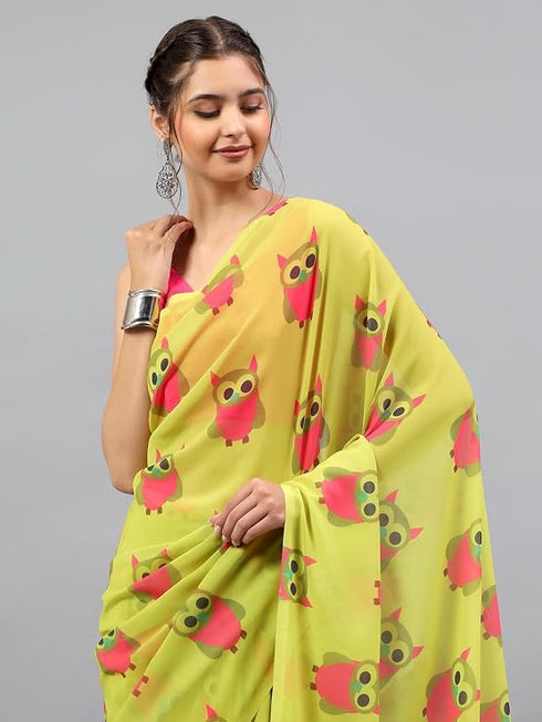 Vasthrlay Green Floral| Solid| Striped Design Georgette Saree With Unstitched Blouse Piece