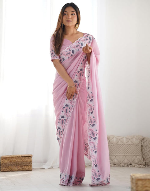 Vasthrlay Sequence Embroidery Unstitched Red Saree