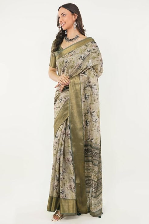 Vasthrlay Sage Green Patchwork Print Polyester Saree With Zari Border And Unstitched Blouse Piece