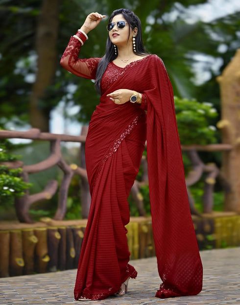 Vasthrlay Georgette Printed Unstitched Red Saree