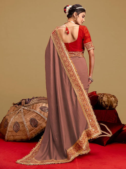 Vasthrlay Vichitra Embroidery Dark Peach Saree With Red Unstitched Blouse Piece