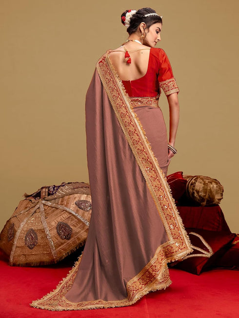 Vasthrlay Vichitra Embroidery Unstitched Red Saree