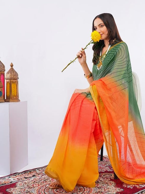 Vasthrlay Yellow2 Daisy Floral Prints Linen Saree With Zari Border And Unstitched Blouse Piece