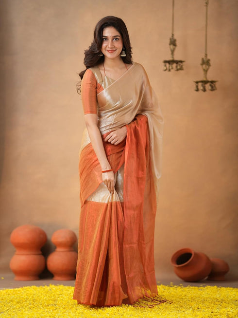Vasthrlay Handloom Unstitched Beigegold Ethnic Wear
