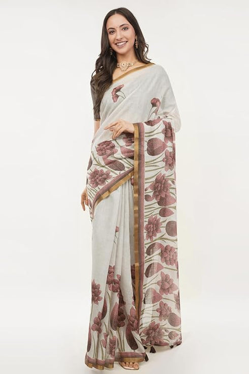 Vasthrlay Womens Off White Botanical Printed Linen Saree With Self Woven Border And Unstitched Blouse Piece