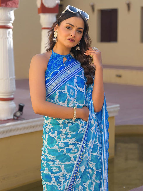 Vasthrlay Georgette Printed Navy Navy Blue Saree