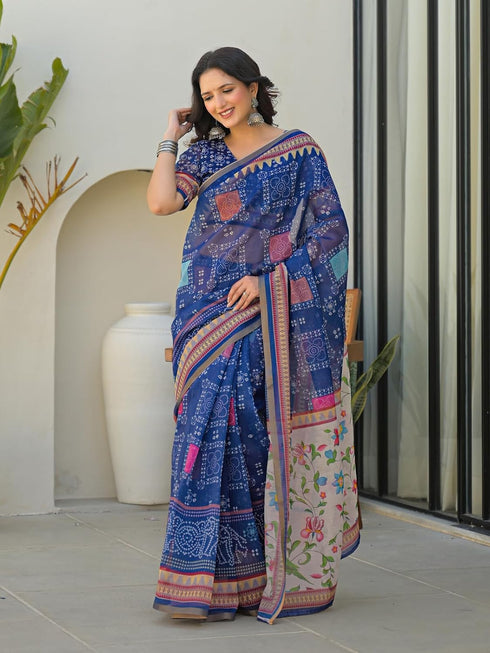 Vasthrlay Bandhani Embroidery Unstitched White Saree